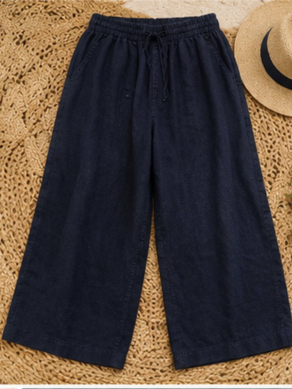 Talbots 100% Linen Wide Leg Pants Navy Blue Elastic Waist 2X